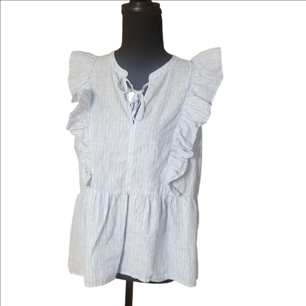 LOFT Blue and White Ruffled Peplum Blouse, Size Medium